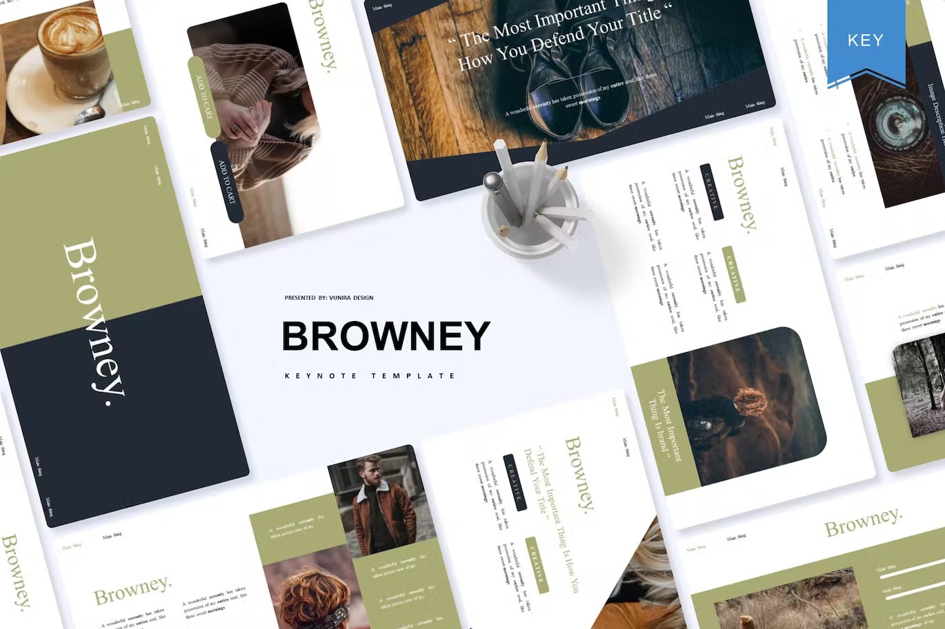 Black lettering "Browney Keynote Template" and different templates on a gray background.