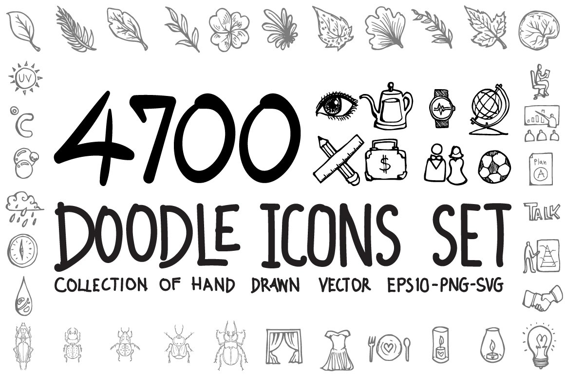 Black lettering "4700 Doodle Icons Set" and different icons on a white background.