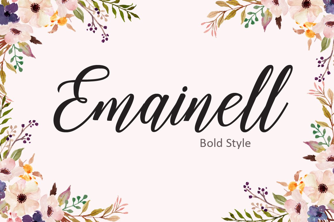 Black lettering "Emainell" on a pink background with flowers.