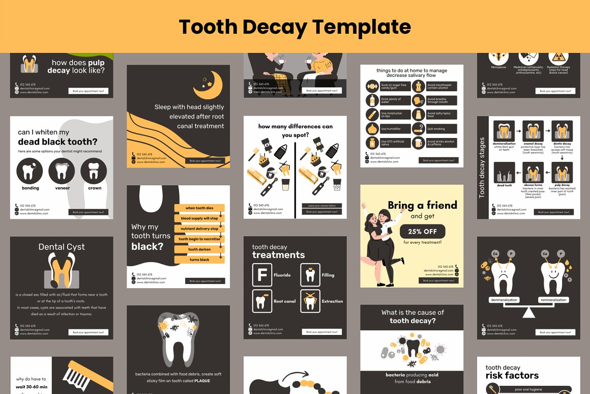 Tooth Decay template collection on a gray background.