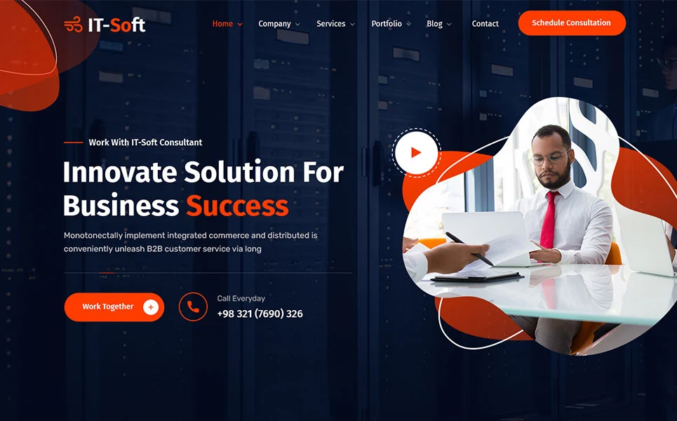 Beautiful homepage of it solutions & multipurpose in blue, white and orange tones.