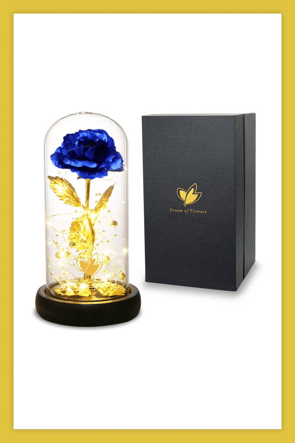 Gold and blue rose under glass.