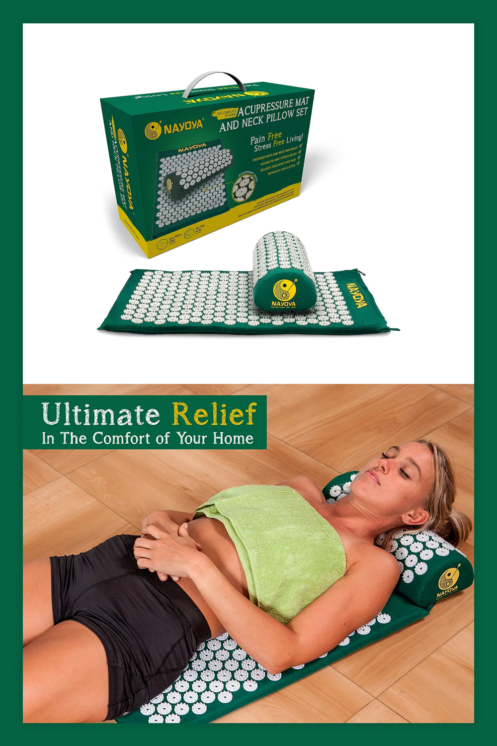NAYOYA Neck and Back Pain Relief - Acupressure Mat and Neck Pillow Set.