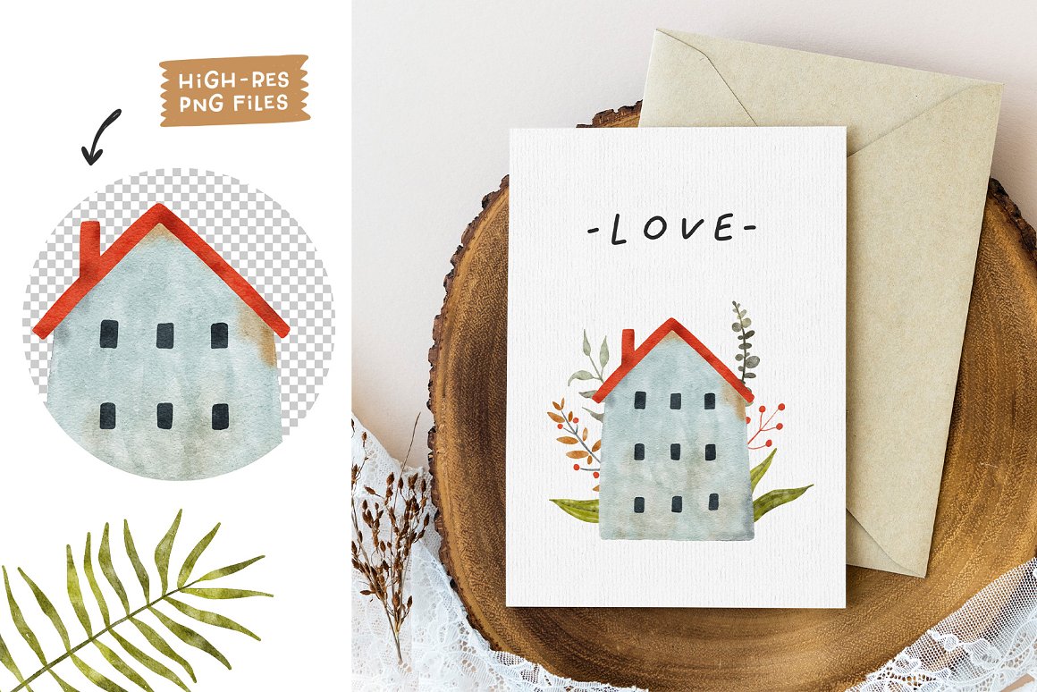 Illustration of a house on a trasparent background and white card with black lettering "Love" and the same illustration.