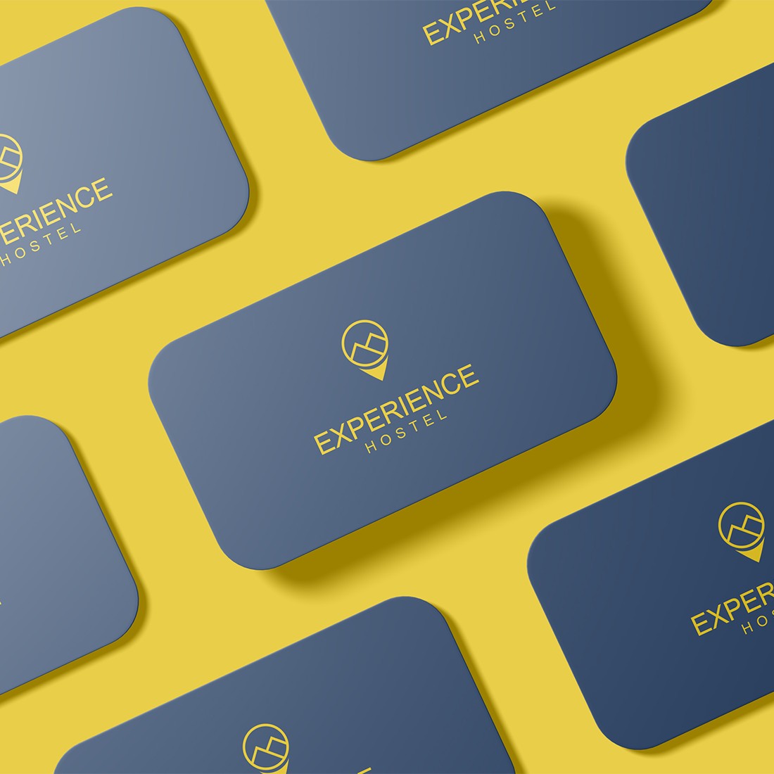 Blue matte business cards with gold hot air balloons logo.