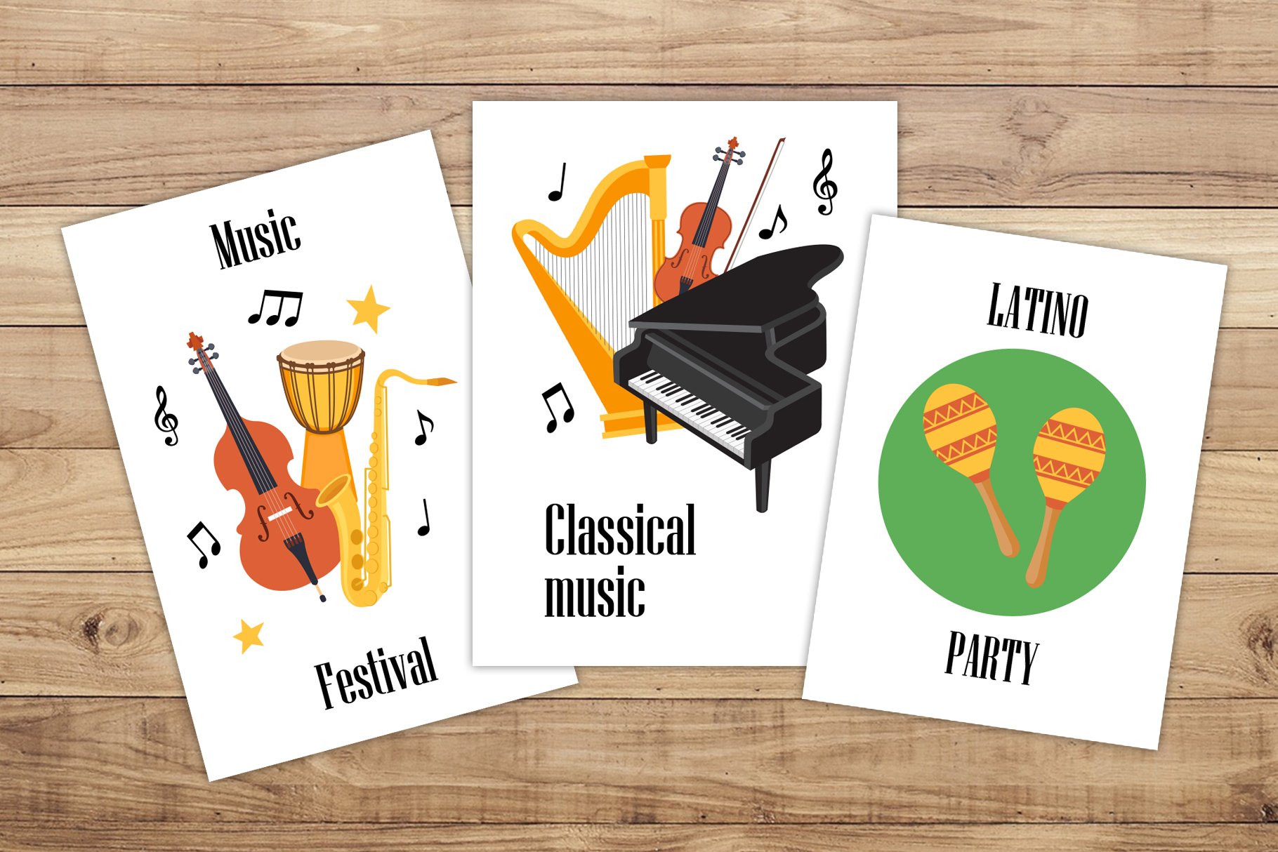 Three white cards with musical instruments.