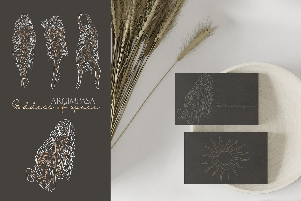 2 brown cards with astrology illustrations on a gray background.