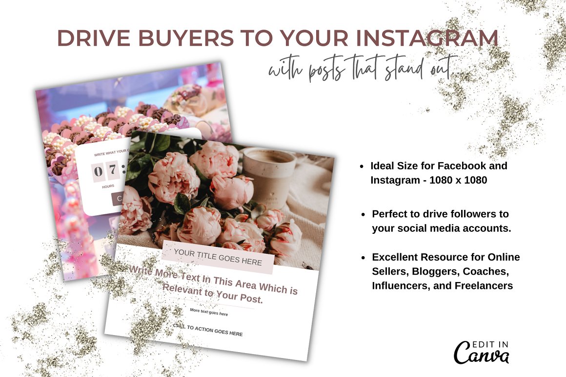 2 templates and dirty pink lettering "Drive buyers to your Instagram" on a white background.