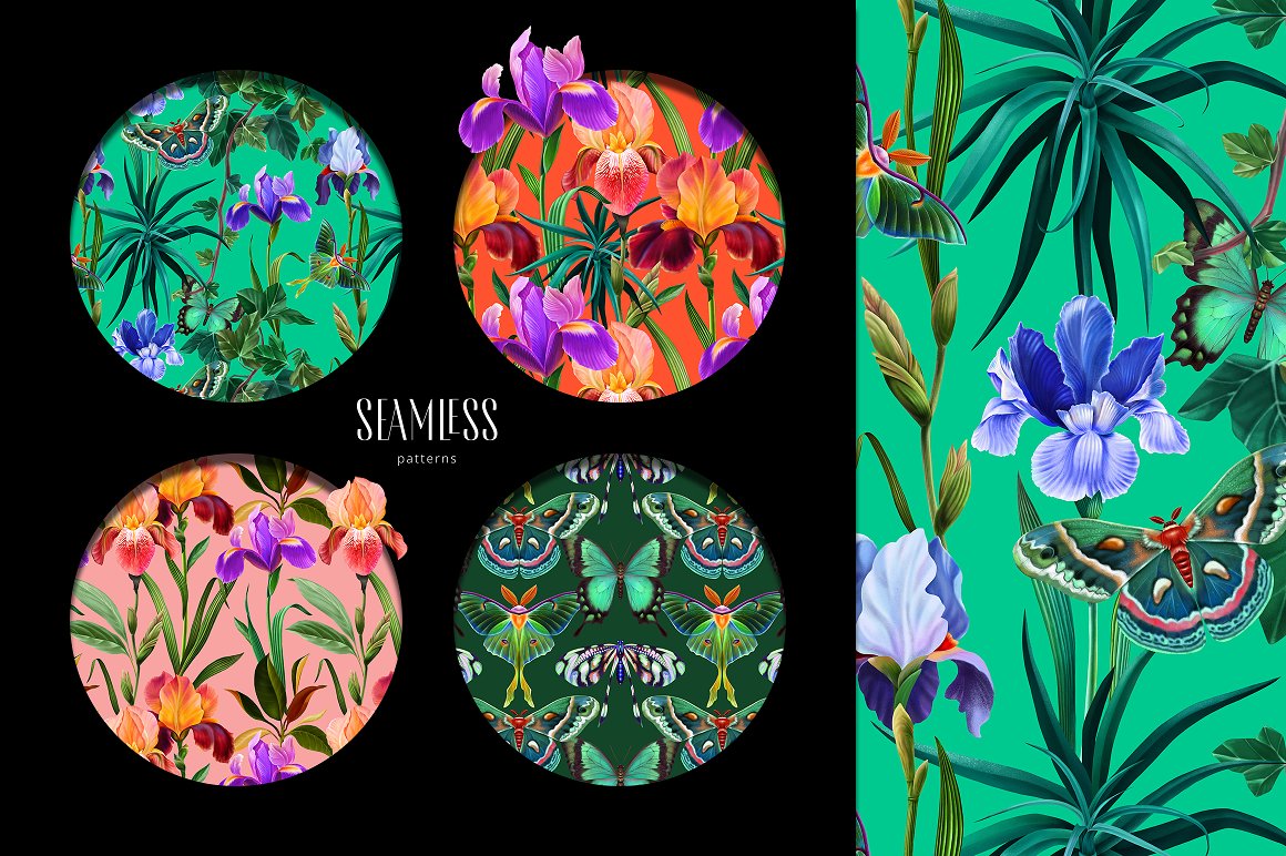 Collection of 4 different floral patterns on a black background.