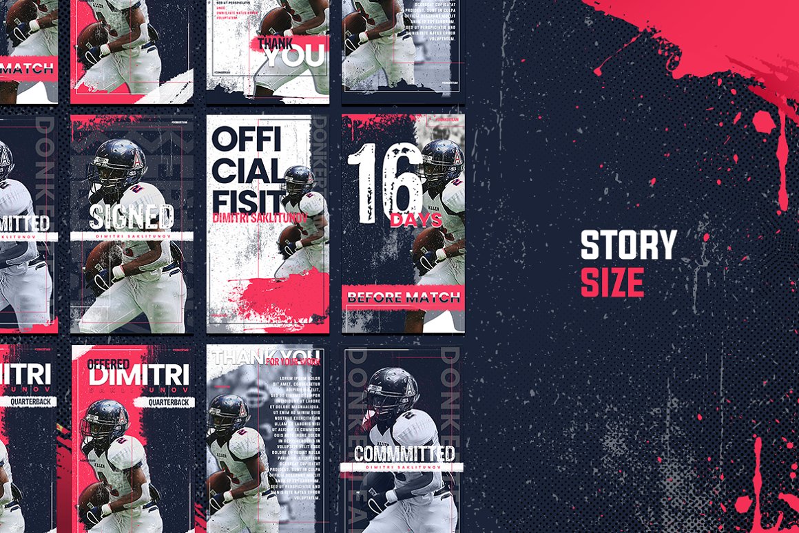 A set of different sports social media stories templates and letetring "Story Size".