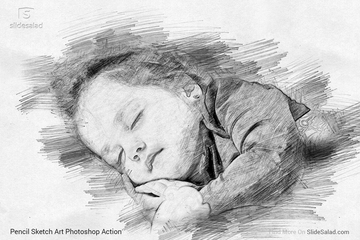 Pencil Sketch Art Photoshop Action - sleeping baby example.