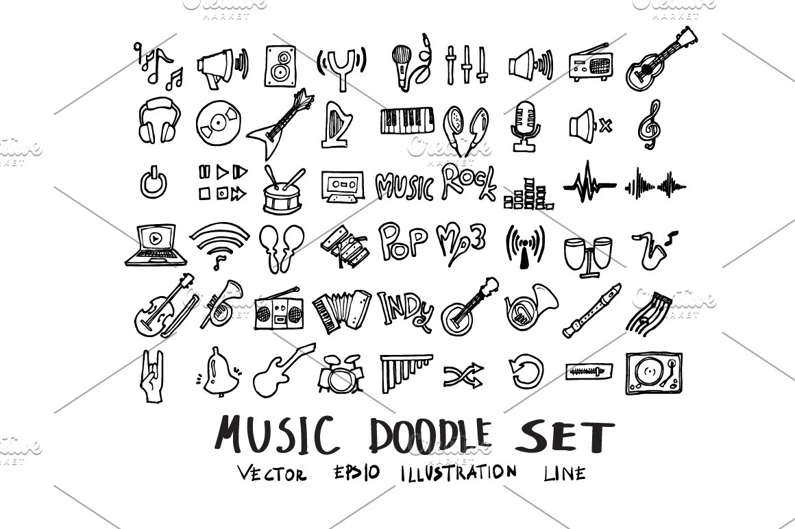 Music black doodle icons bundle on a white background.