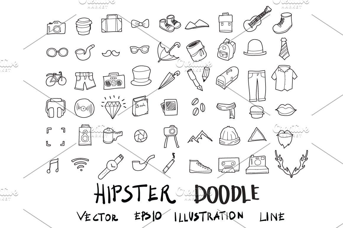 Hipster black doodle icons clipart on a white background.