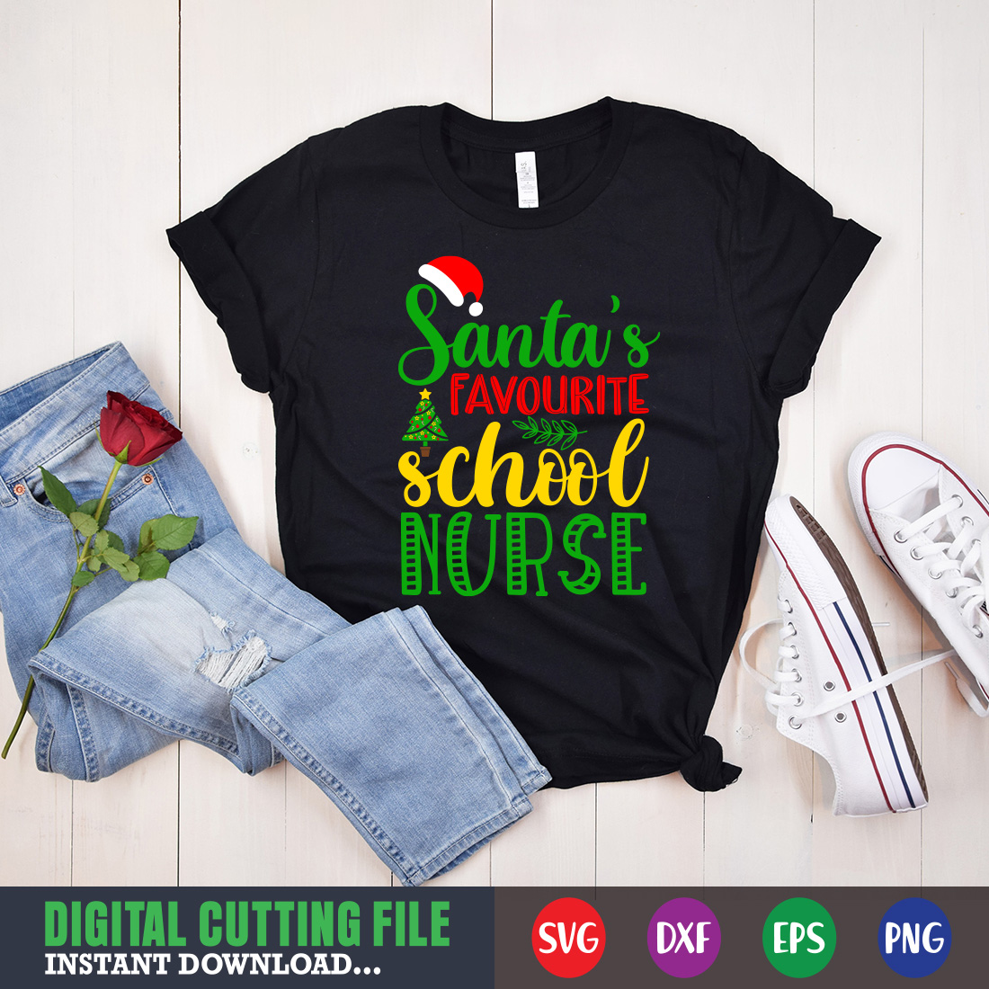 Image of a T-shirt with colorful Santas Favorite School Nurse slogan.