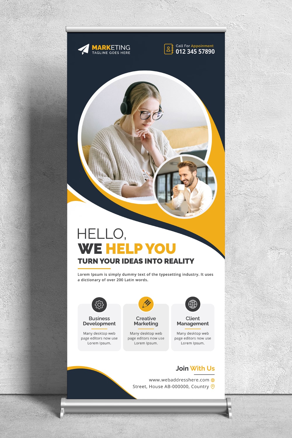 Image of corporate roll up banner in gorgeous yellow design