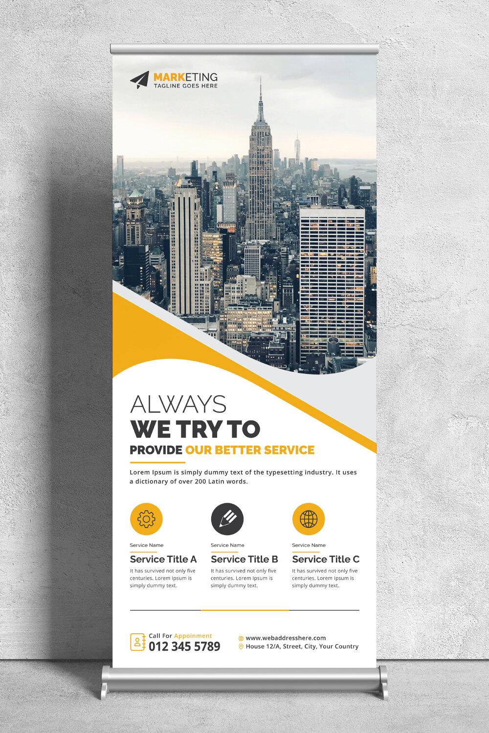 Image of corporate roll up banner in gorgeous yellow design