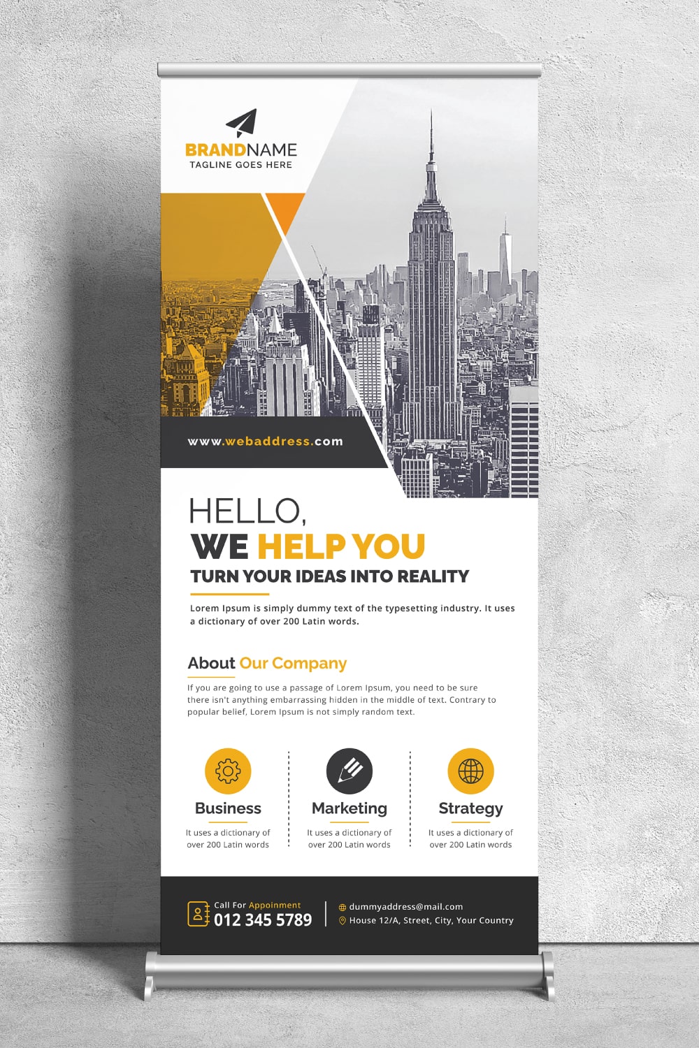 Image of corporate roll up banner in charming yellow design