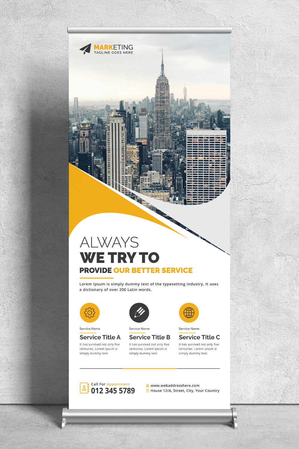 Image of corporate roll up banner in irresistible yellow design