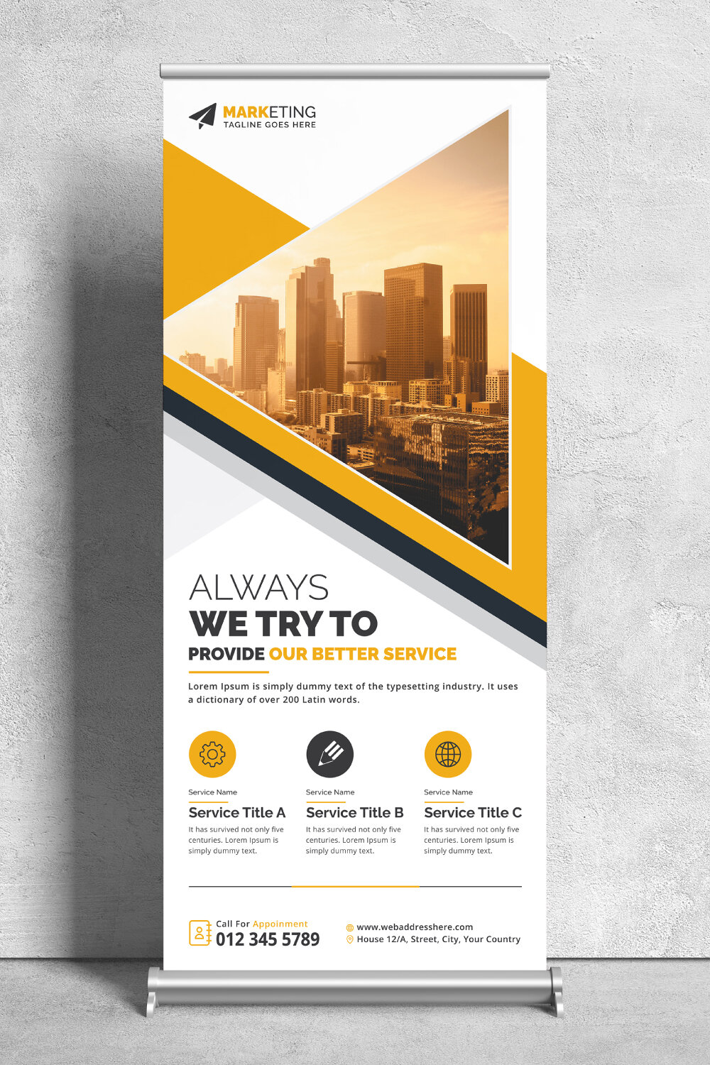 Image of corporate roll up banner in colorful yellow design