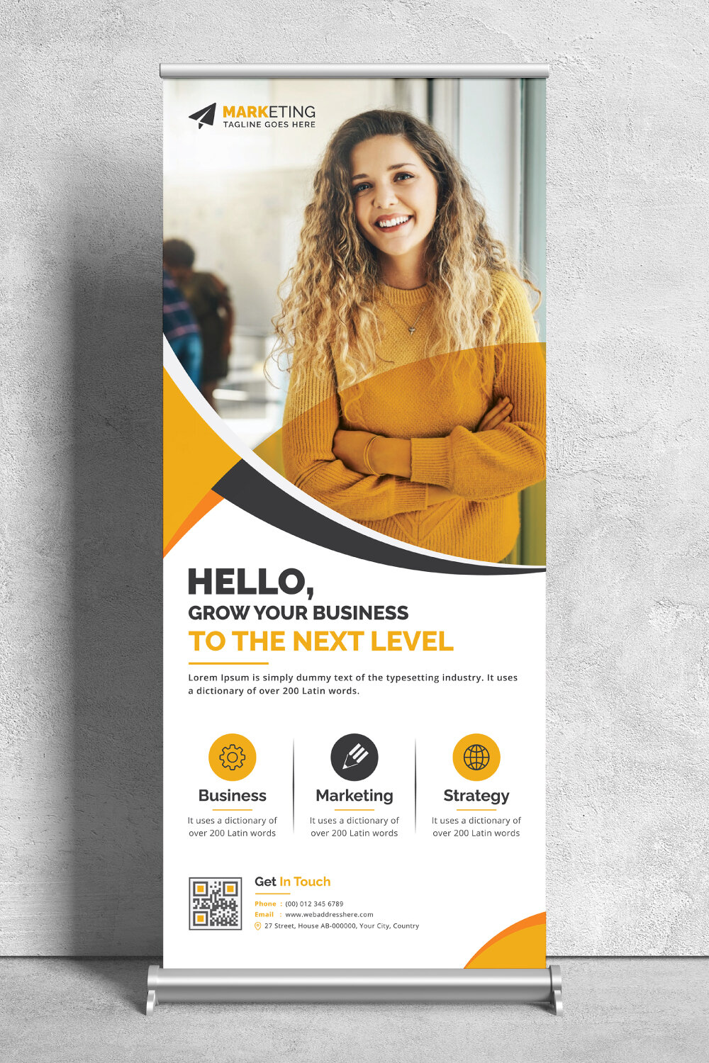 Image of corporate roll up banner in gorgeous yellow design