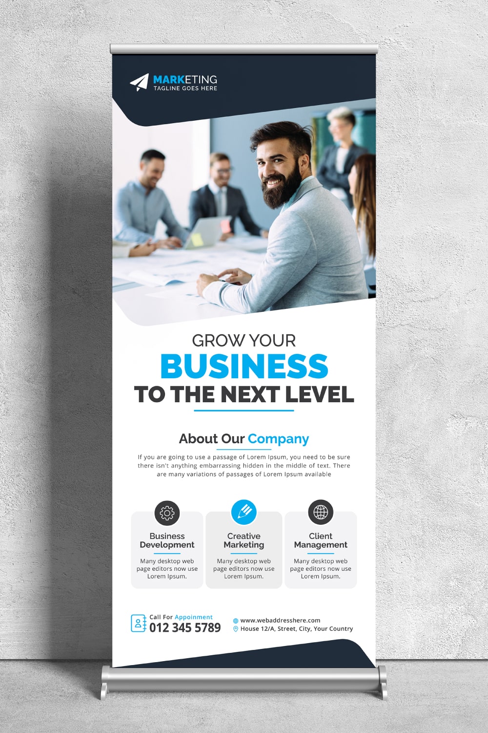 Image of a corporate roll up banner in a gorgeous blue design