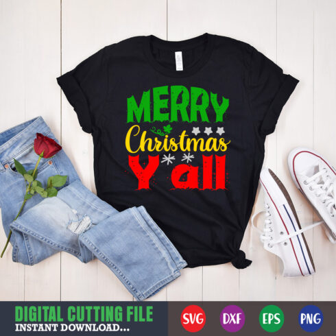 Image of a T-shirt with a beautiful inscription Merry Christmas Y'all.