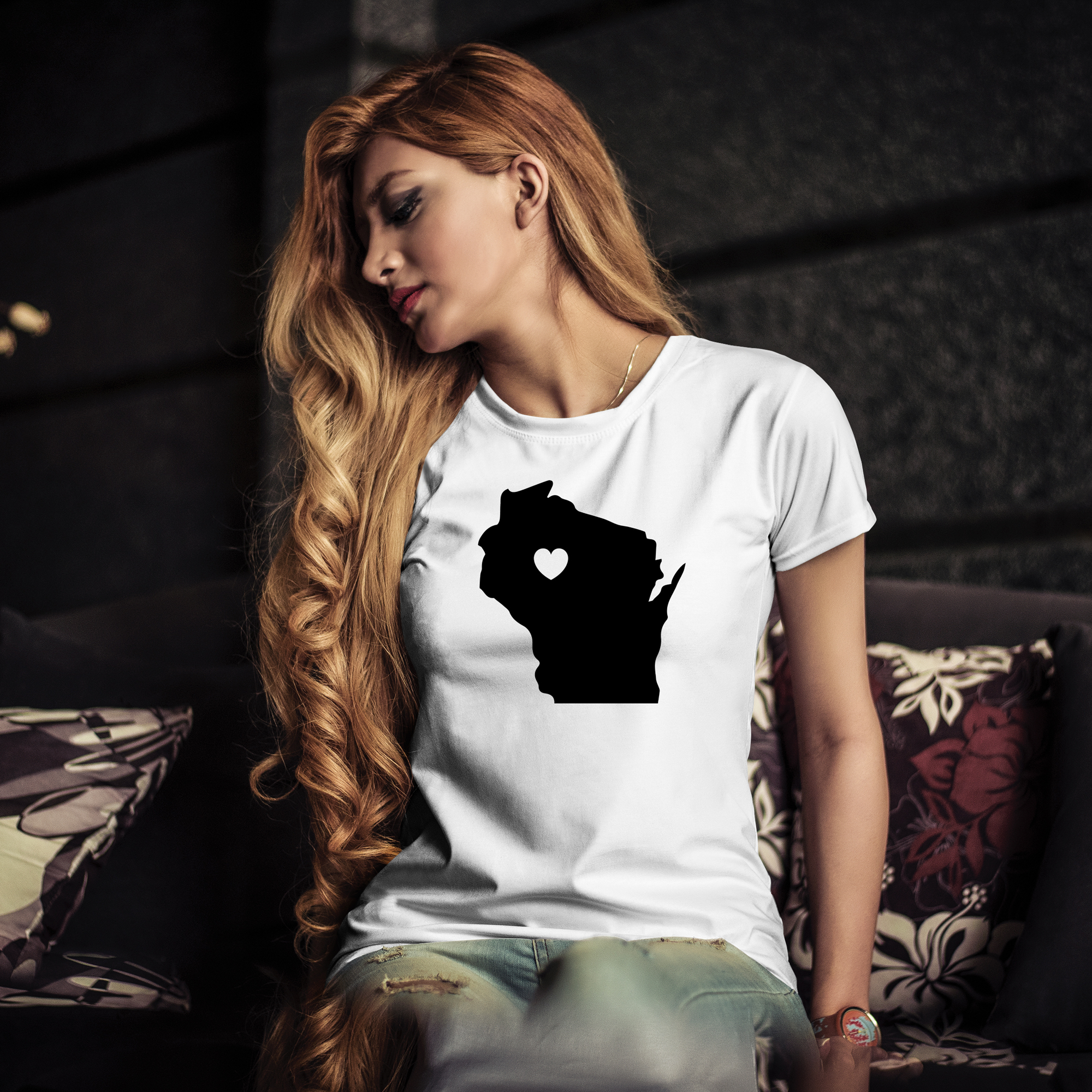 White t-shirt with black illustration of Wisconsin state.