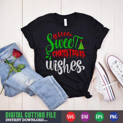 Image of a T-shirt with a beautiful inscription Sweet christmas wishes.