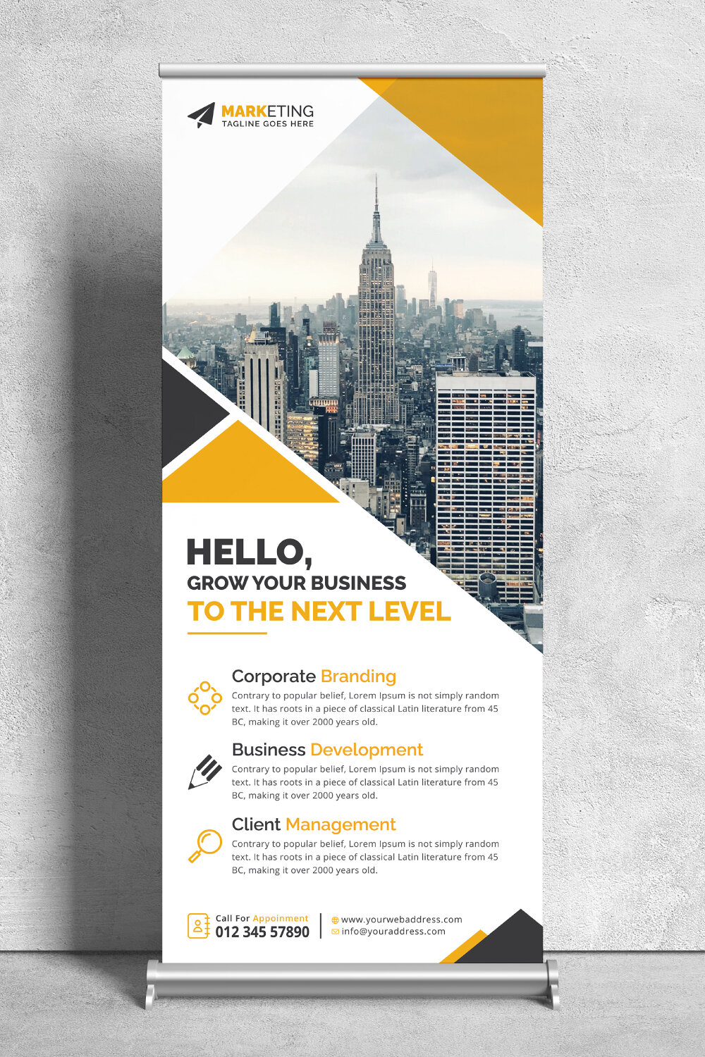 Image of corporate roll up banner in irresistible yellow design