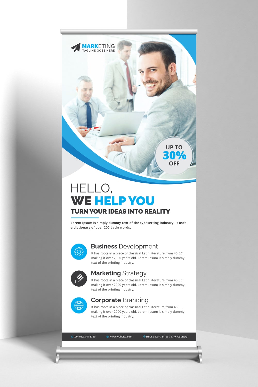 Image of corporate roll up banner in colorful blue design