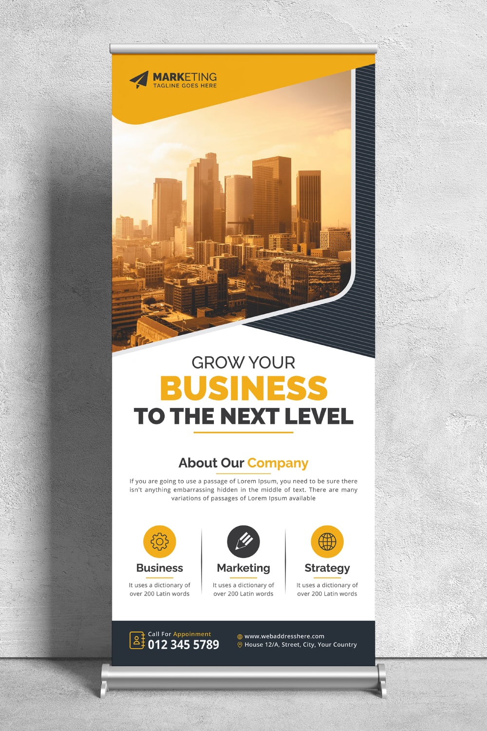 Image of corporate roll up banner in gorgeous yellow design