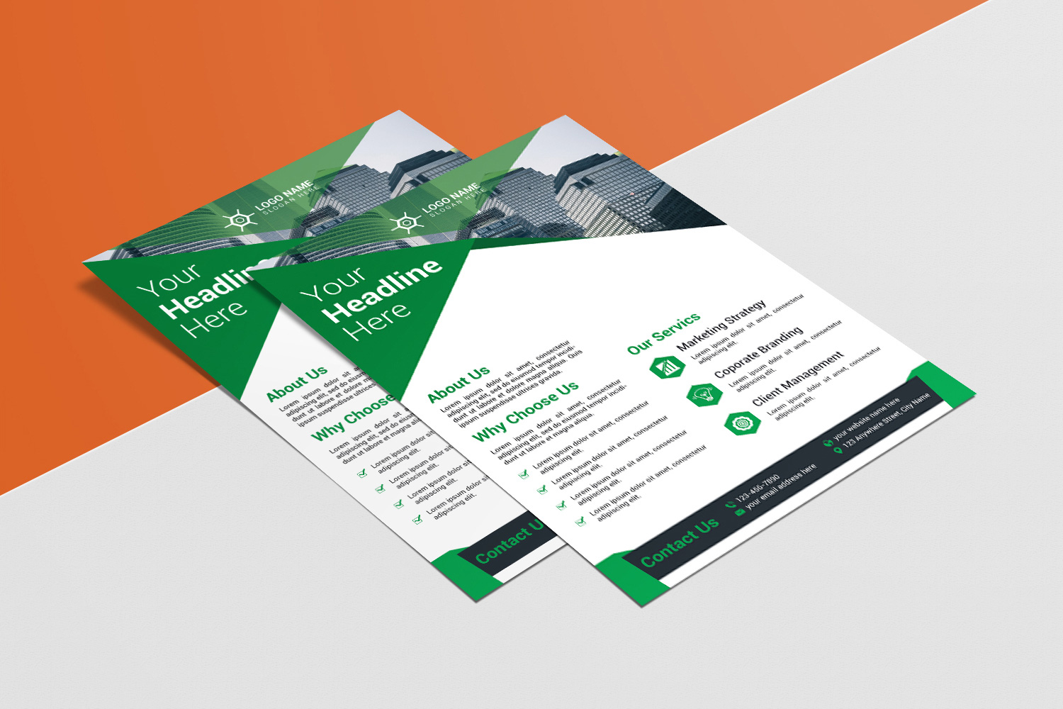 Green flyers in a minimalistic design.