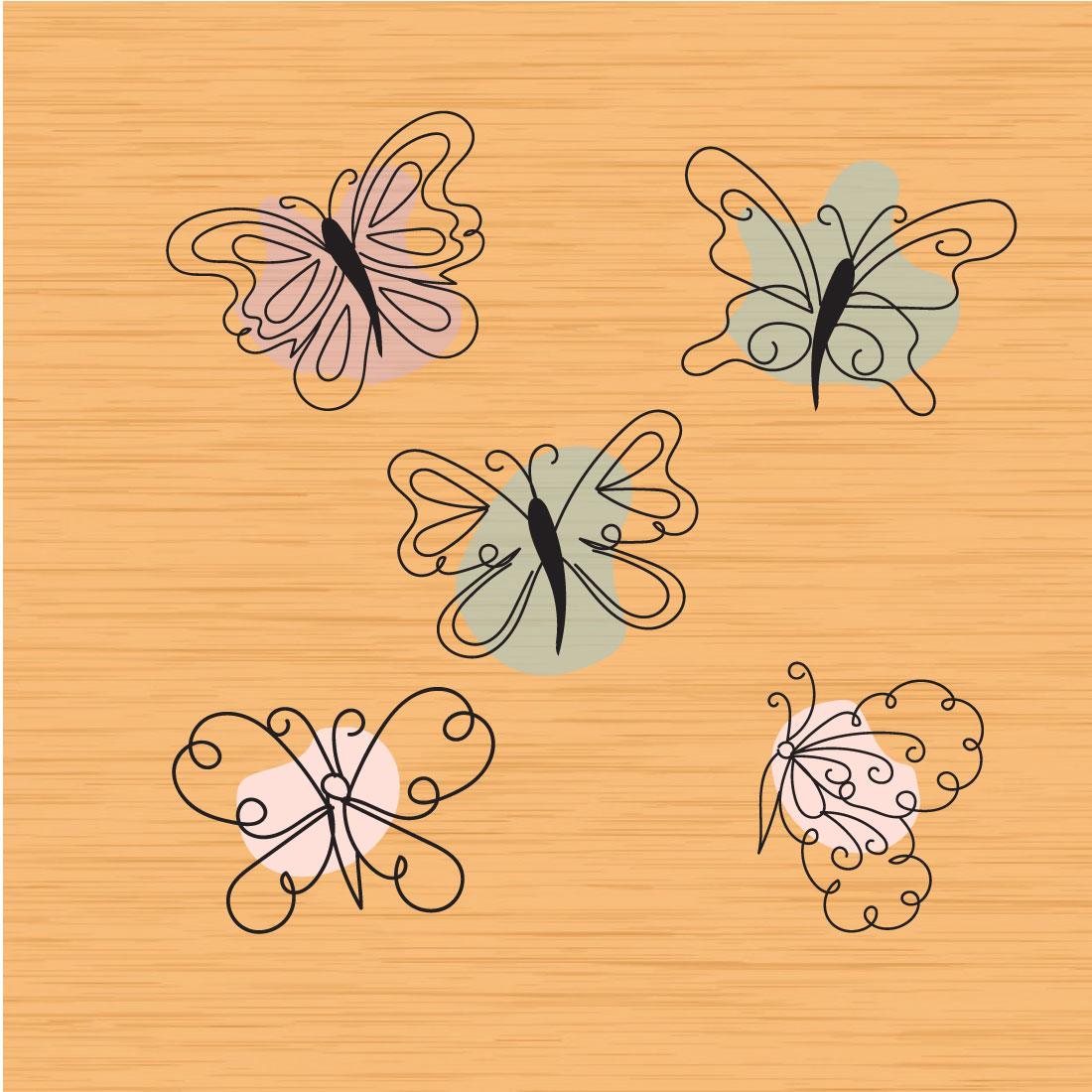 Four butterflies on a wood background.