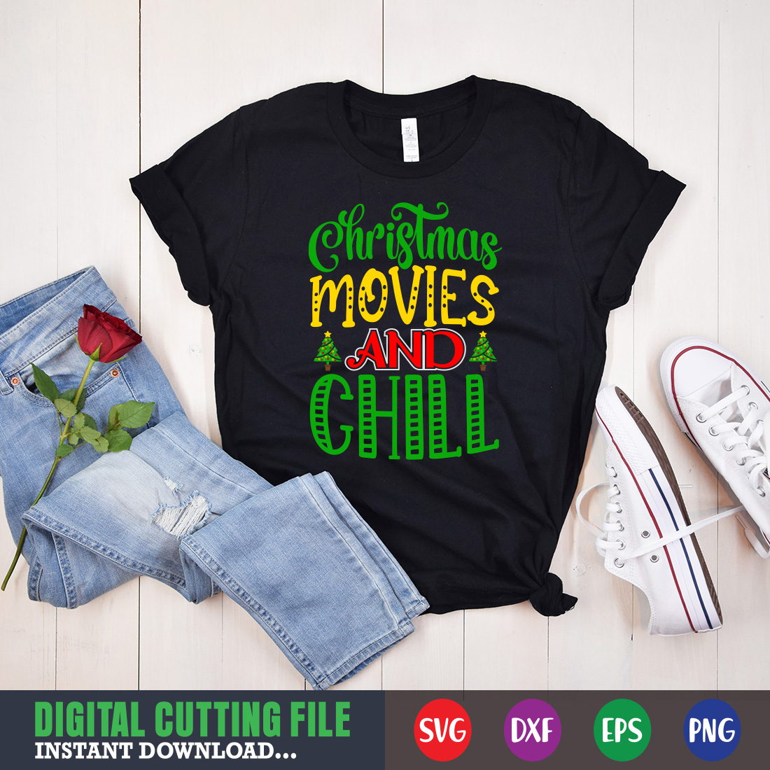 Image of a T-shirt with a beautiful inscription Christmas Movies And Chill.