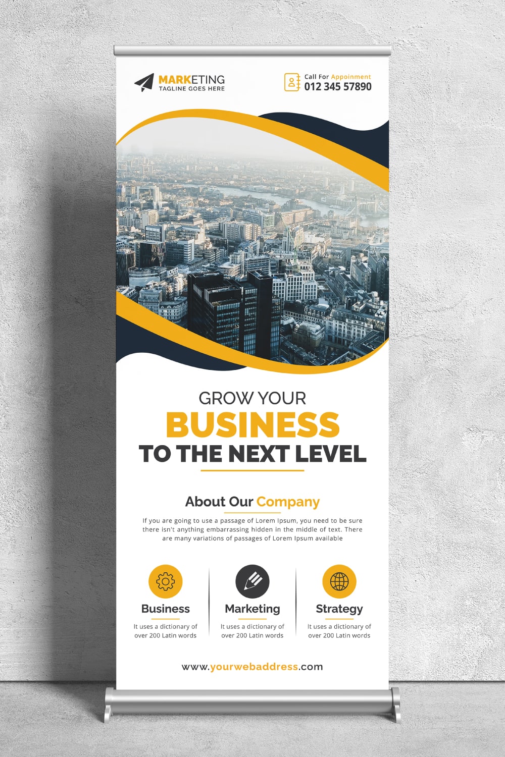 Image of corporate roll up banner in irresistible yellow design