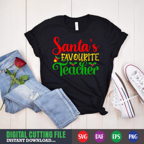 Image of a T-shirt with a colorful inscription Santas Favorite Teacher.