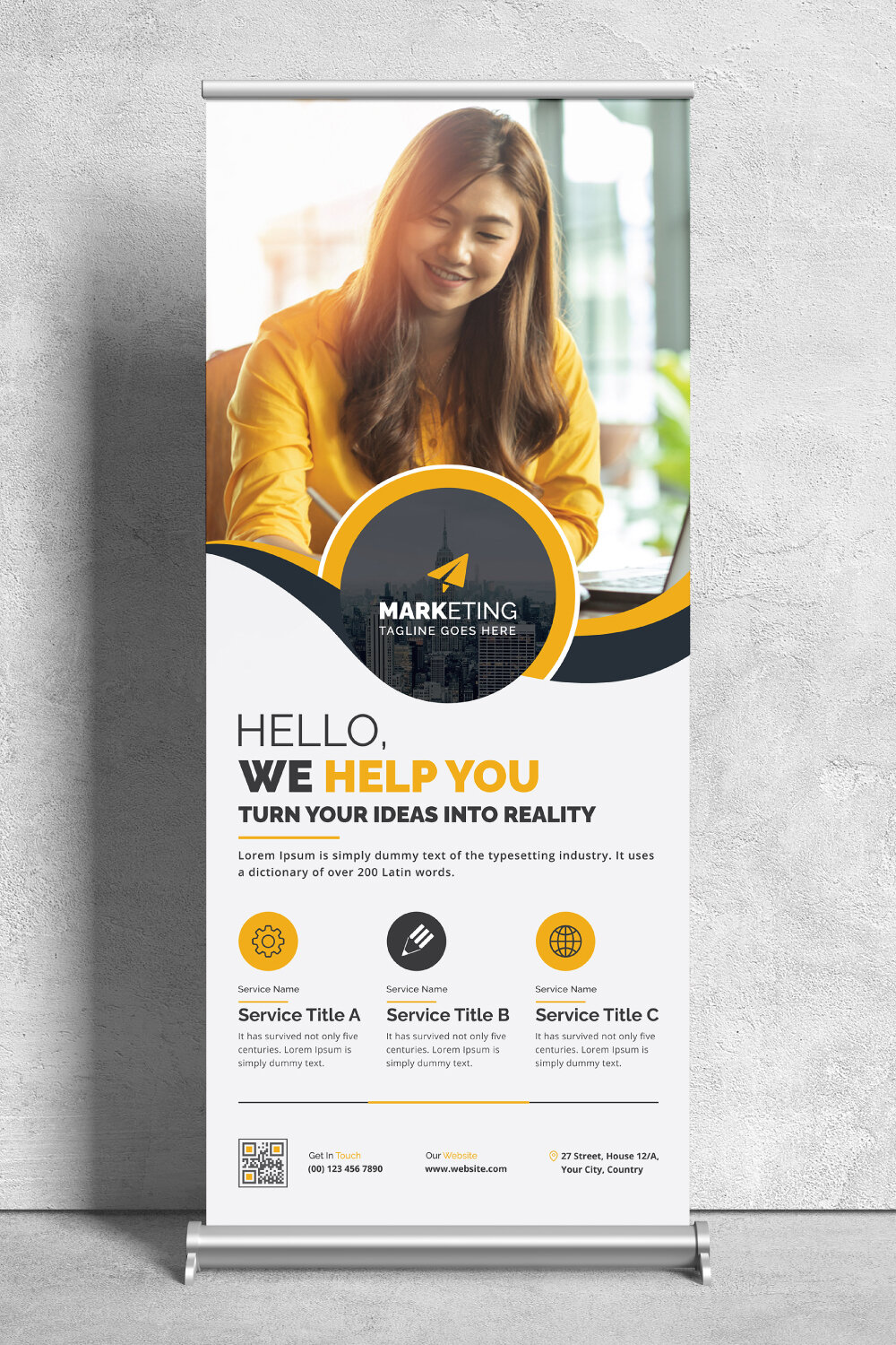 Image of corporate roll up banner in gorgeous yellow design