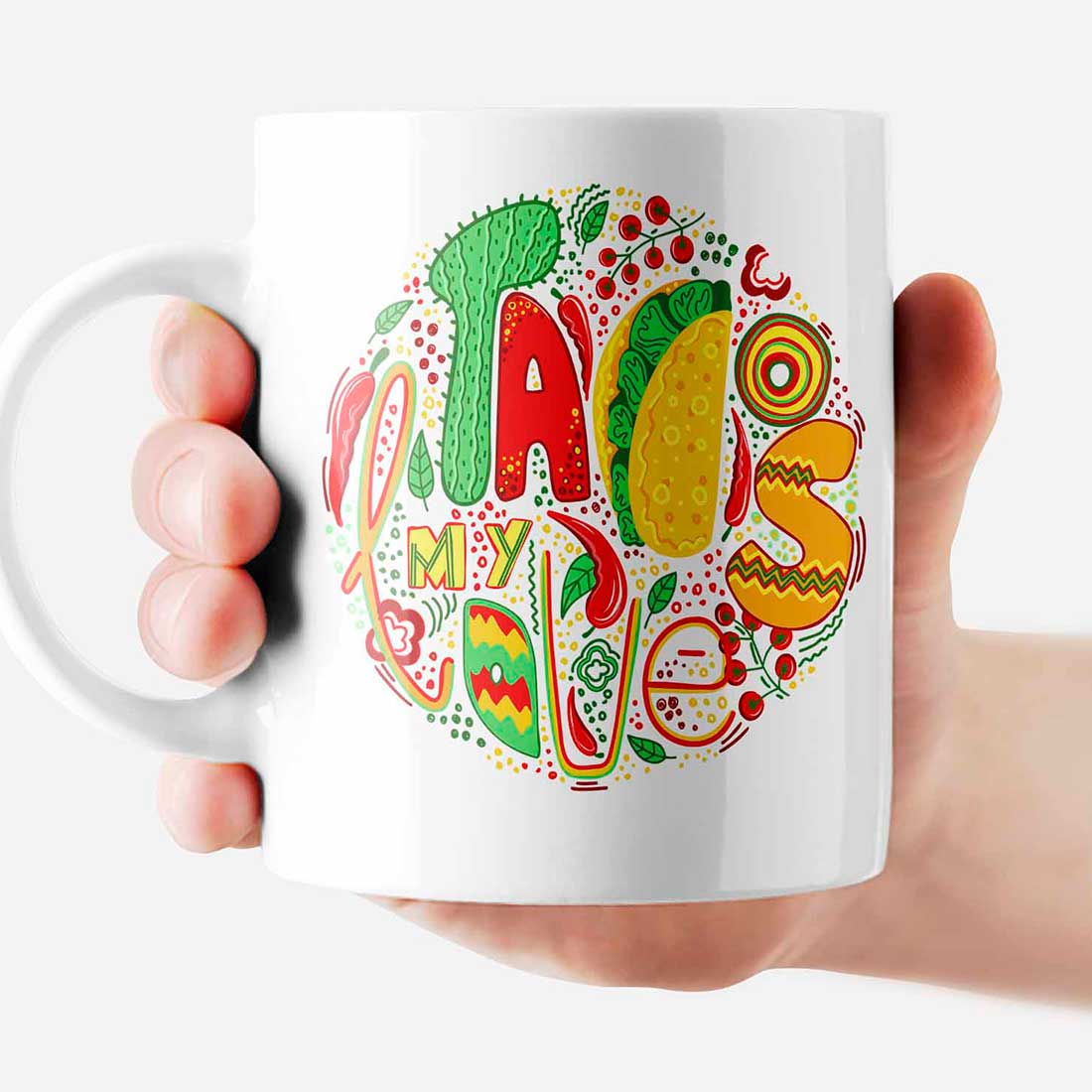Big white tea cup with colorful taco illustration.