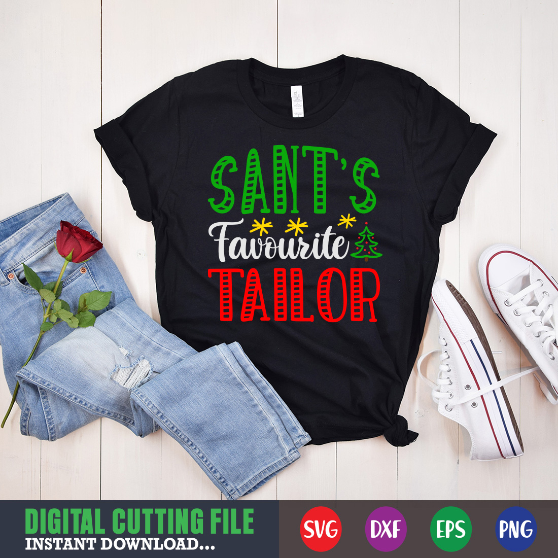 Image of T-shirt with colorful Sants Favorite Tailor lettering.