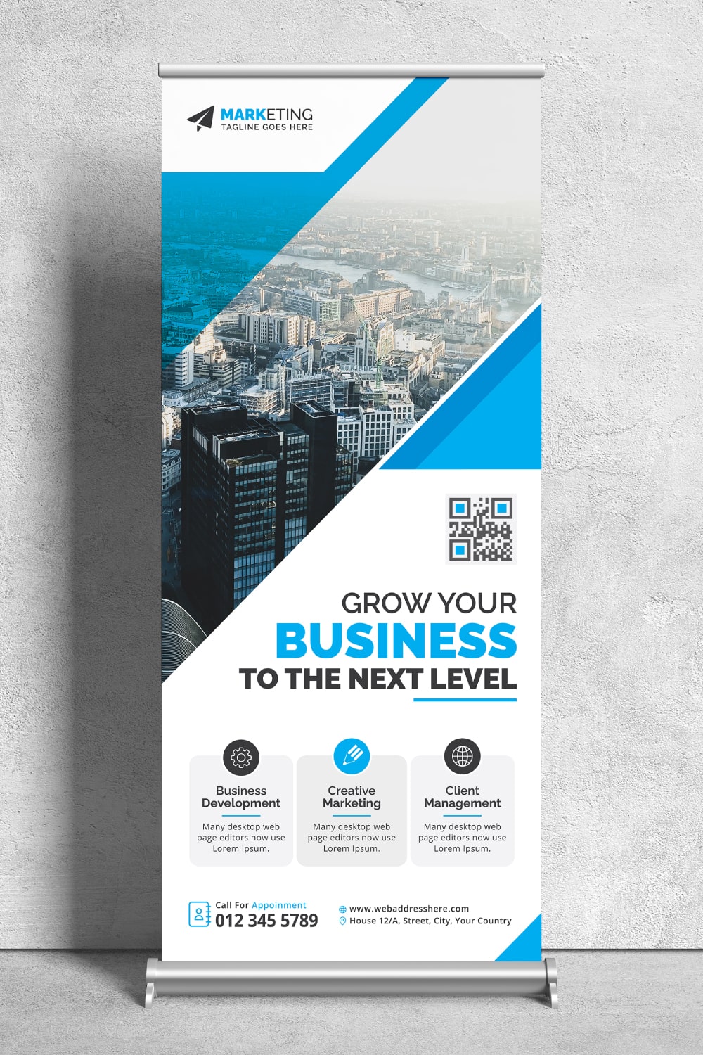 Image of a corporate roll up banner in a charming blue design