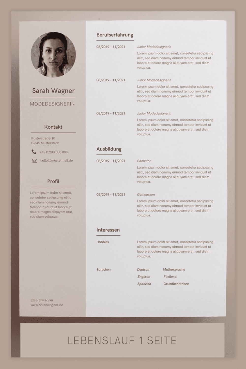 Resume page with three columns and beige background.