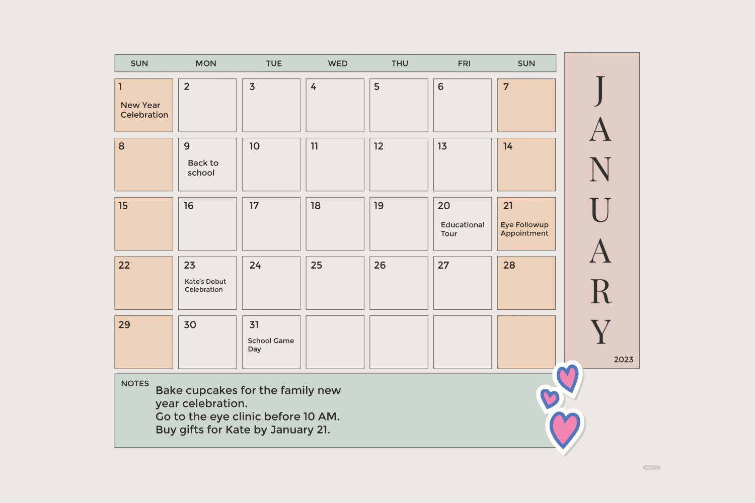 Calendar for January in brown and green colors with space for notes at the bottom.