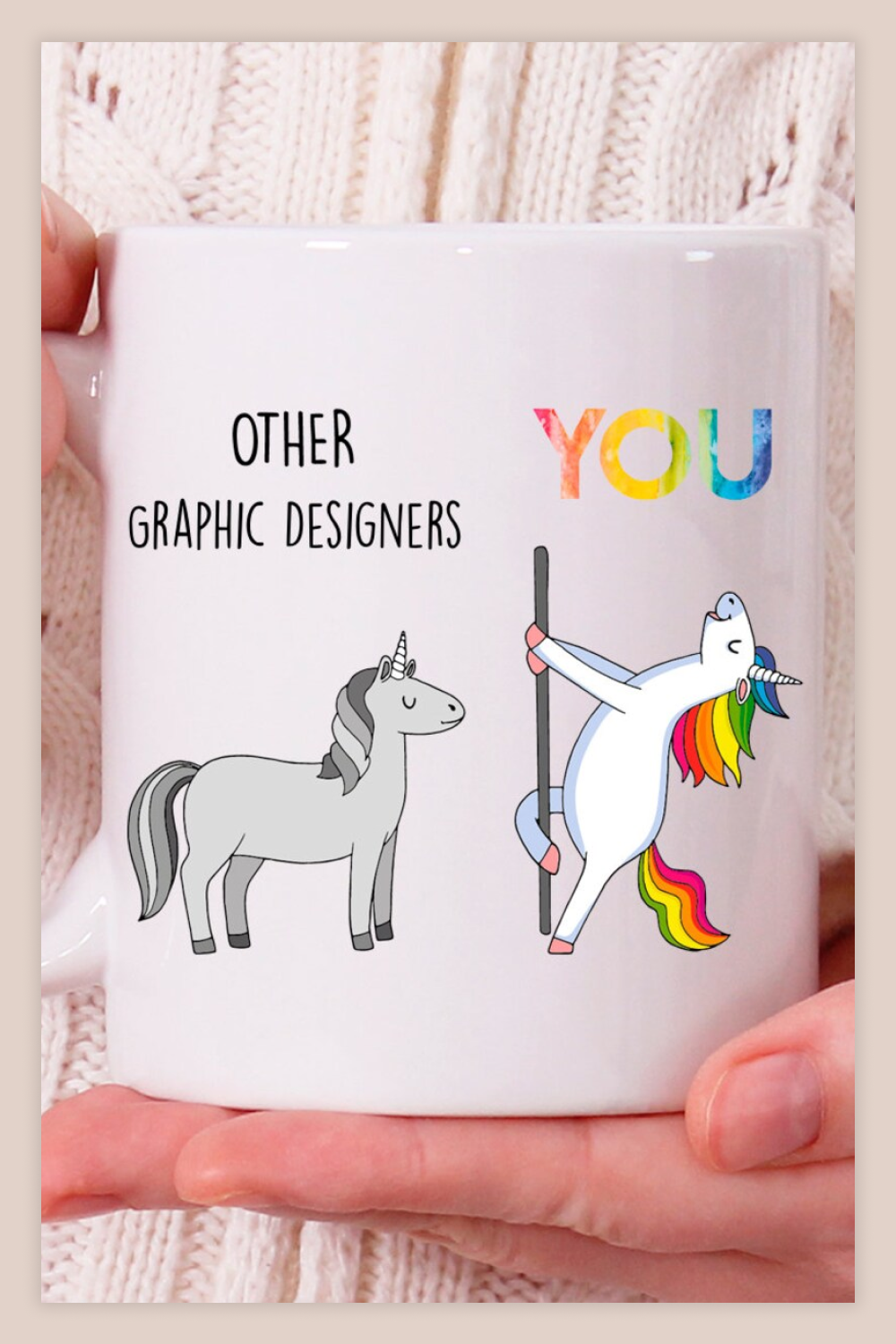 White mug with dancing unicorn.