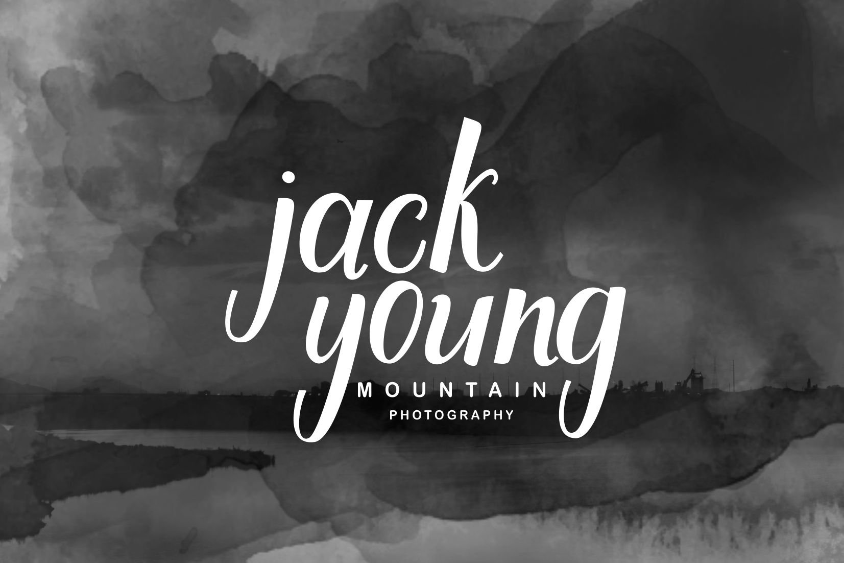 White lettering "Jack Young Mountain Photography" on a dark gray watercolor background.