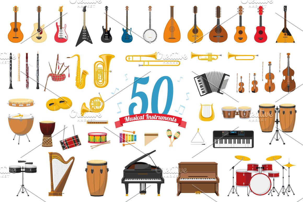Set of unique cartoon images of musical instruments.