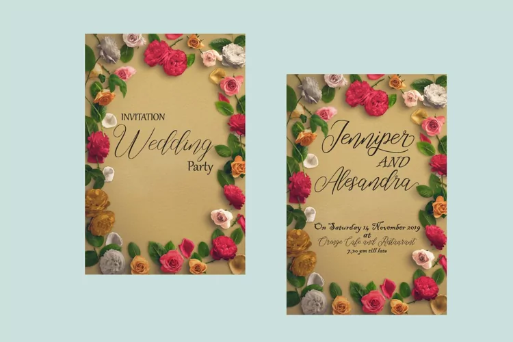 2 templates of wedding invitations on a mint background.