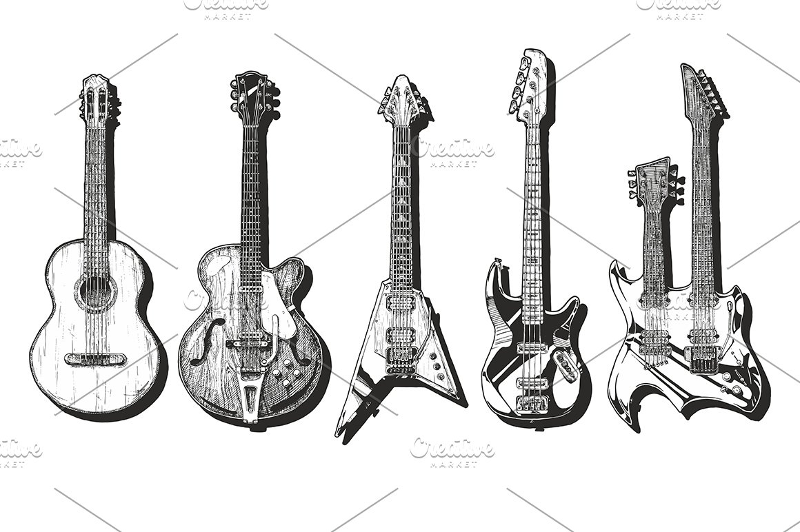 Hand drawn mandala guitars.