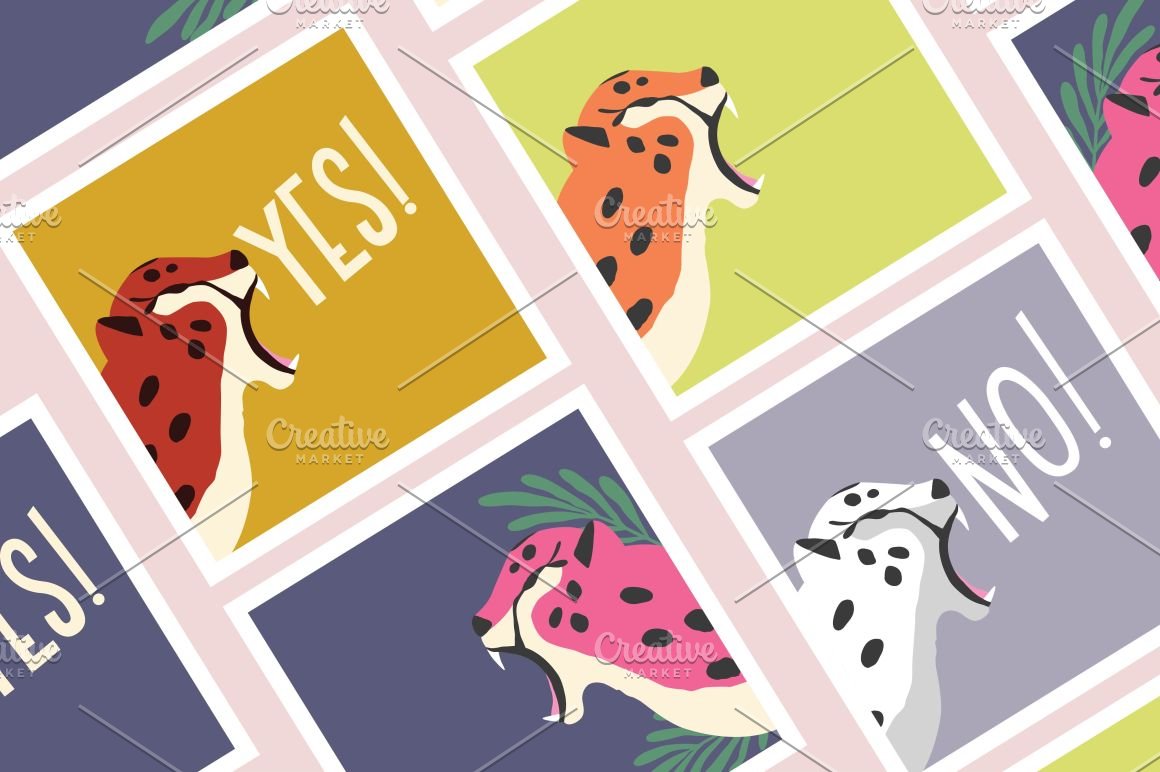 A set of colorful cards with white lettering "YES! or "NO!" and illustrations of cheetahs.