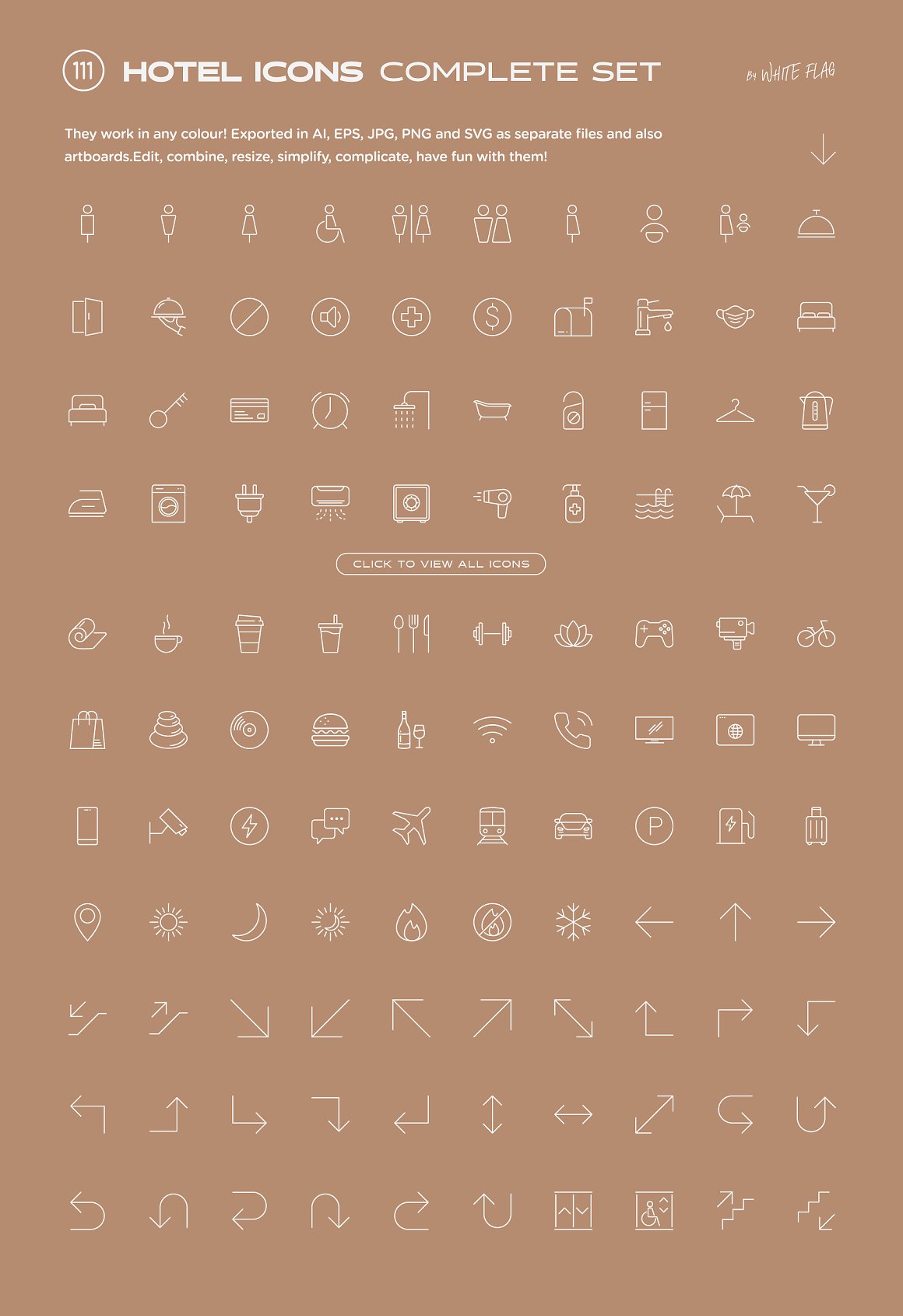 White clipart of different hotel icons on a beige background.