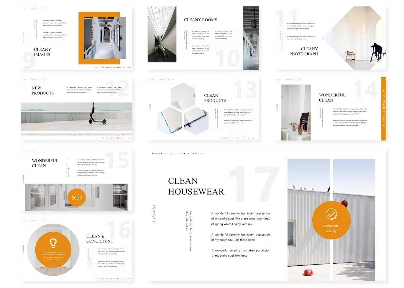 A set of 9 different beautiful presentation cleastyle templates.